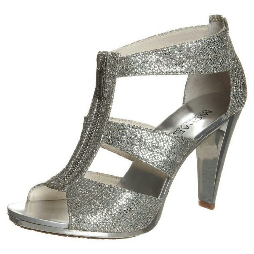 Michael Kors~Berkley T Strap, Glitter, 4" Silver Metallic Heels (7.5)